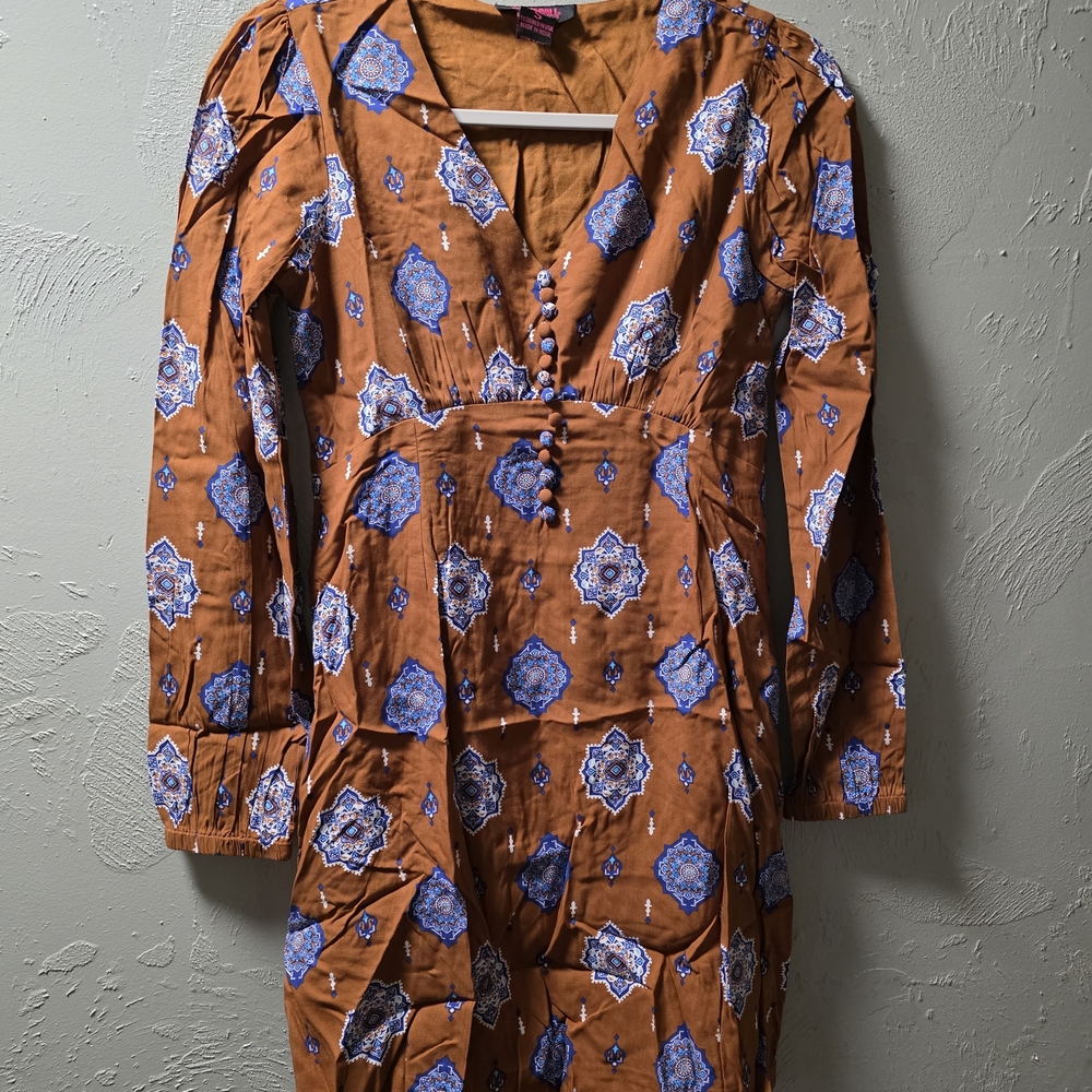 Rock & Roll Denim Brown and Blue Patterned Mini Dress